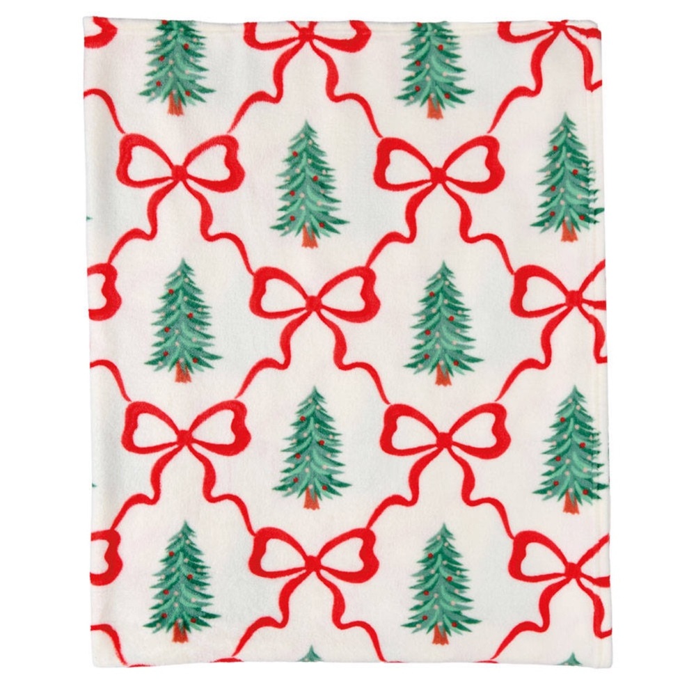 NWT Aldi 50" x 60" Holiday Soft & Cozy Throw - Red  Bows & Green Trees on White